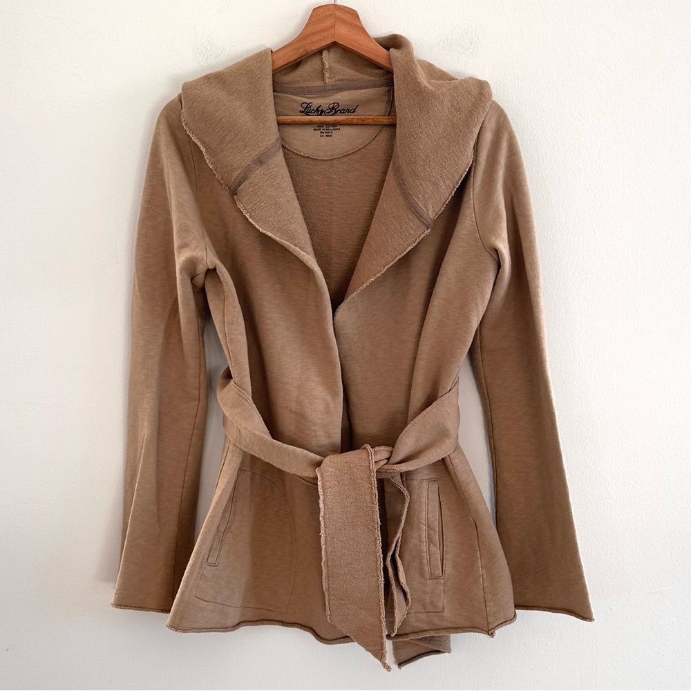 Vintage Lucky Brand open front belted hoodie Terry longline cardigan small